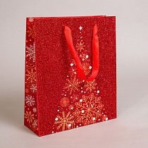 Пакет подарочный "НГ Елка", Красный, глиттер, 26х30х9см