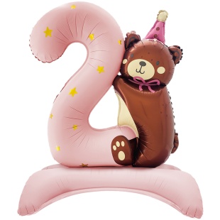 CN 35"/89см Фигура Цифра, 2 годика, Мишка в колпачке, Розовый, Сатин, в уп.